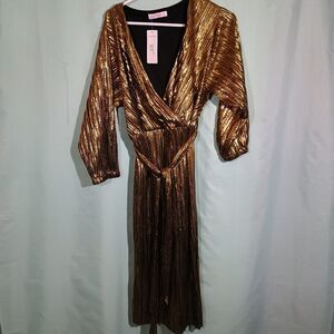 Ana & Rose Metallic Gold Pleated Wrap Dress – Glamorous V-Neck Belted Midi